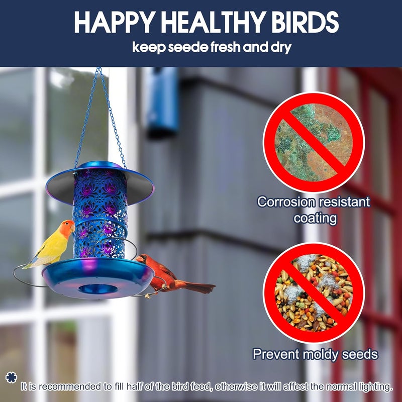 Ottsuls Solar Bird Feeder for Outdoors Hanging, Metal Wild Cardinals Garden Lantern Weatherproof, Decro Solar Birdfeeders as Gift Idea for Women Mom Grandma Bird Lovers (Update Version Blue) - Image 5